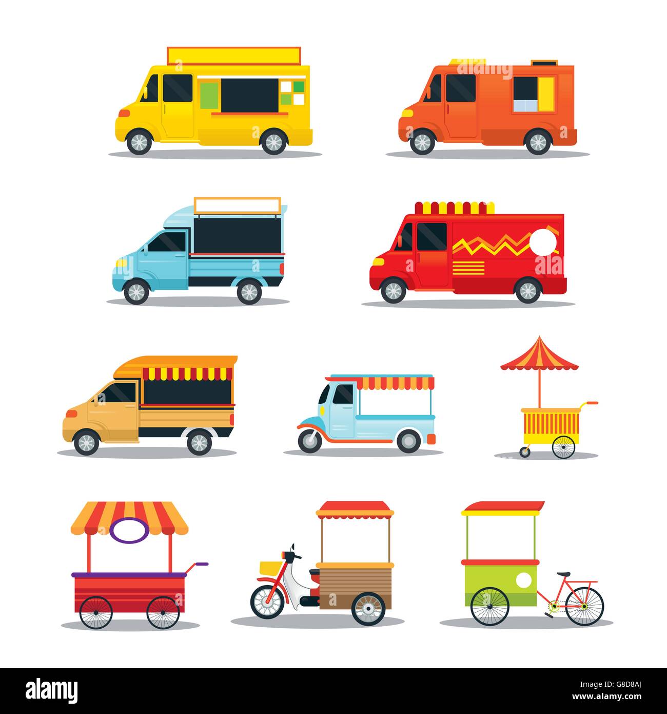 Essen Fahrzeuge, LKW, Van, Schubkarre, Farb-Set, Street Food und Fast Food Stock Vektor