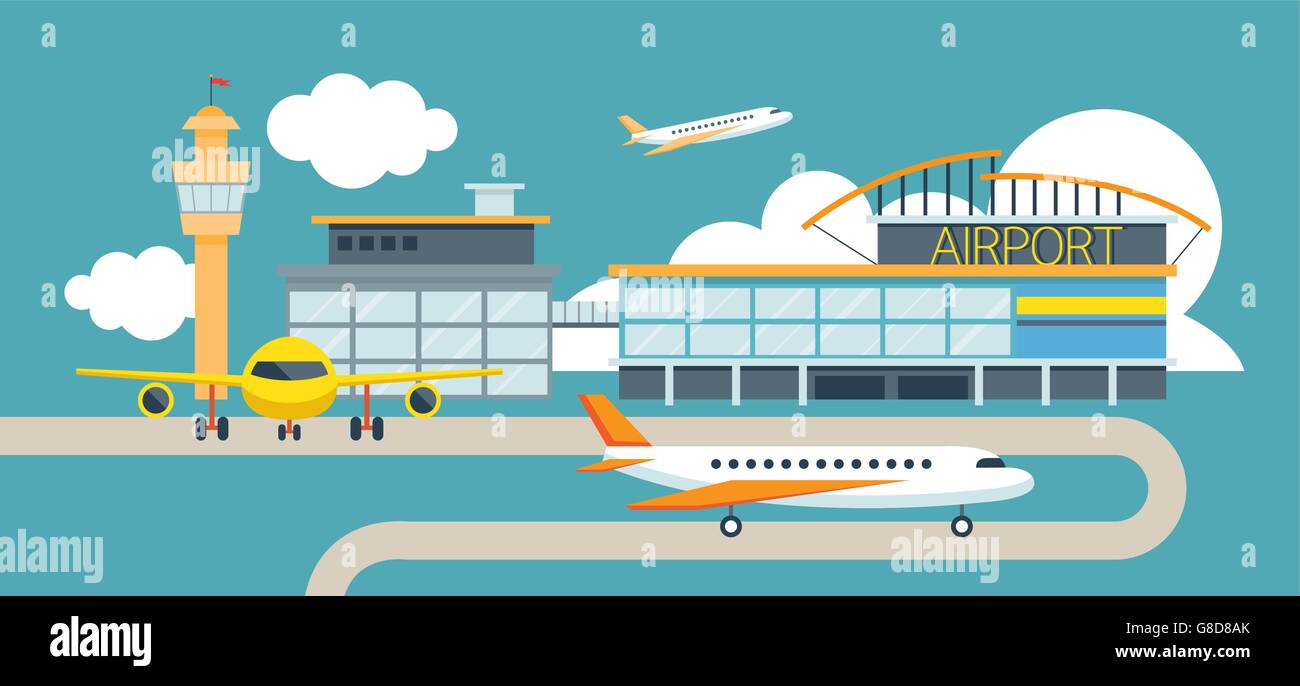 Flugzeug und Flughafen flache Illustration Icons Designobjekte, Station-Konzept Stock Vektor