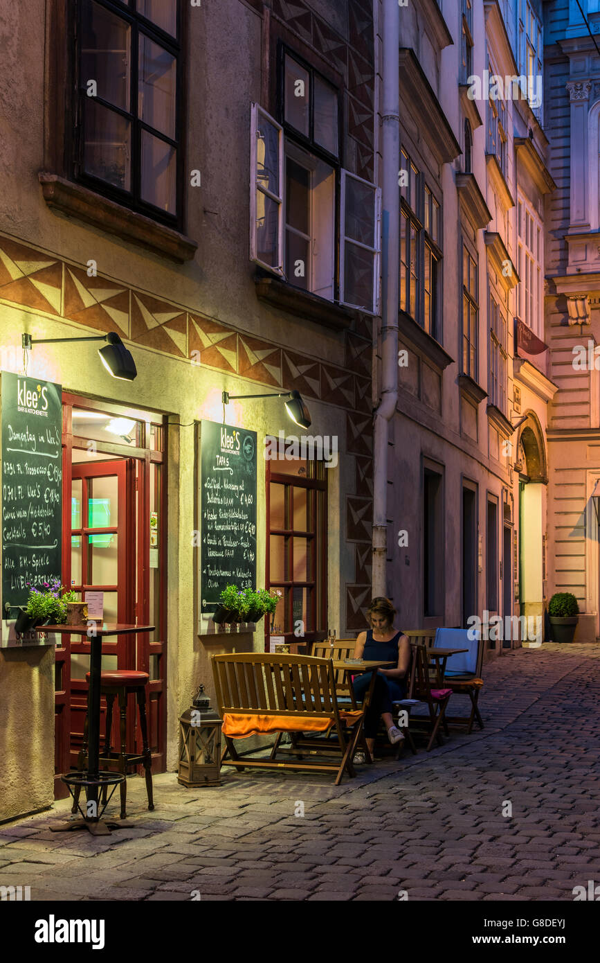 Nacht-Blick auf eine Straße im historischen Zentrum, Wien, Österreich Stockfoto