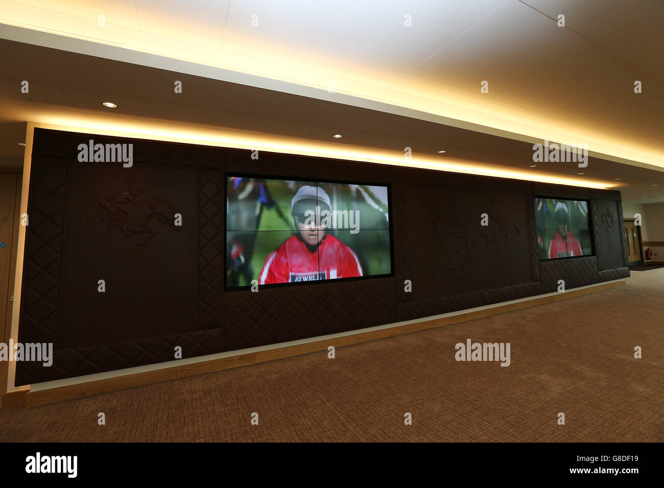 Pferderennen - The Showcase - Erster Tag - Cheltenham Racecourse. Eine allgemeine Ansicht der großen Bildschirme im Cheltenham Club auf der Cheltenham Rennbahn Stockfoto