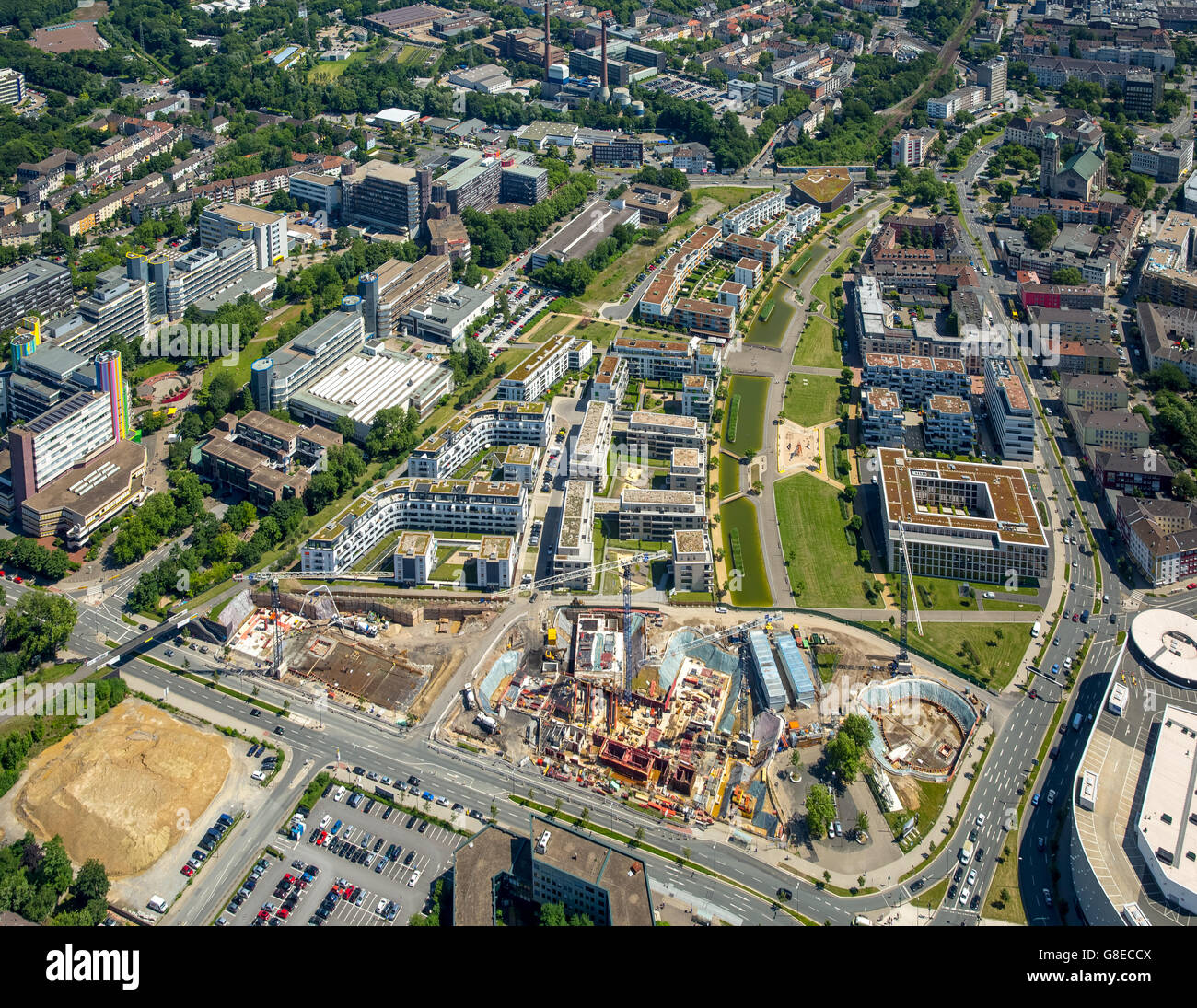 Luftaufnahme, grüne Mitte Essen, Bau Funke Media Büro am Berliner Platz Segerothstraße, Zeitung Sitz, Stockfoto