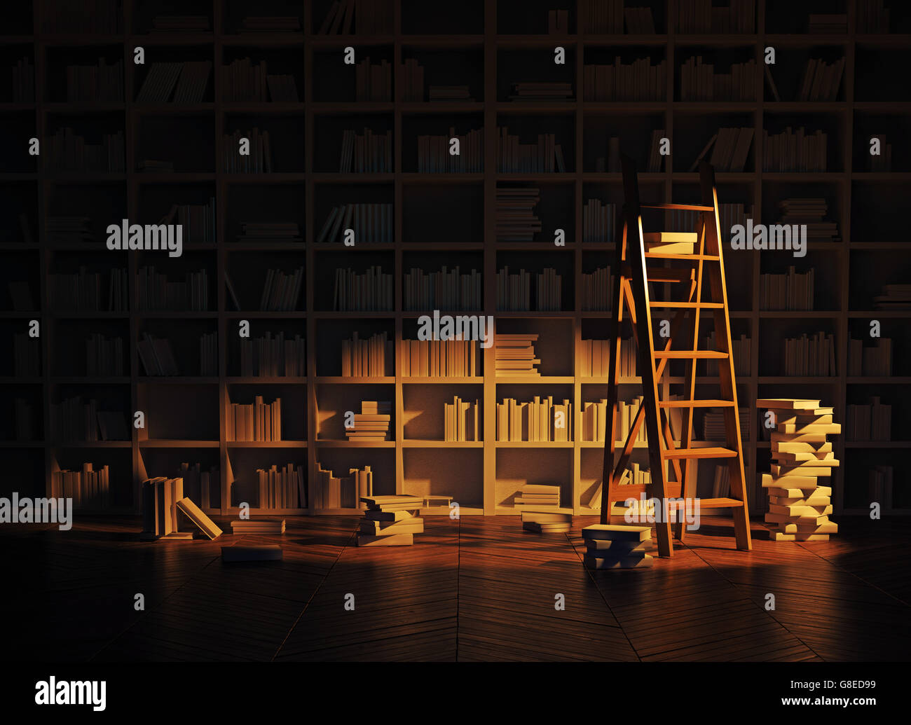 nächtliche Beleuchtung im Innenraum Bibliothek. 3D-Rendering Stockfoto