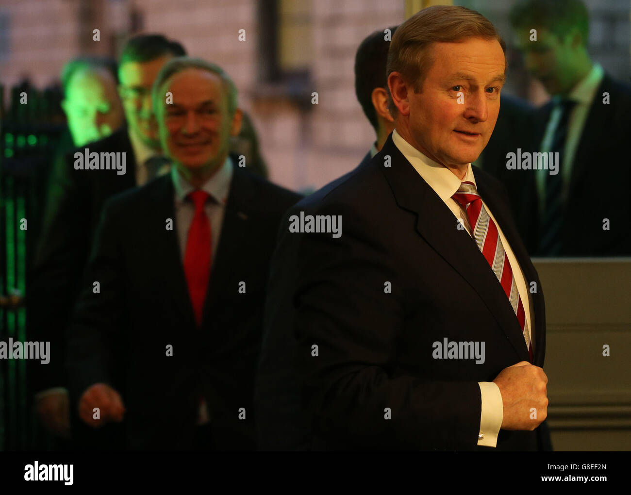Taoiseach Enda Kenny, bei der Ankündigung der Schaffung von 320 neuen Arbeitsplätzen für Dublin durch sechs nordamerikanische Unternehmen mit hohem Wachstum im Rathaus in Dublin. Stockfoto