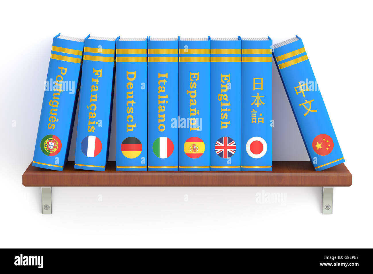 Regal mit Wörterbücher Bücher, 3D-Rendering isolierten auf weißen Hintergrund Stockfoto