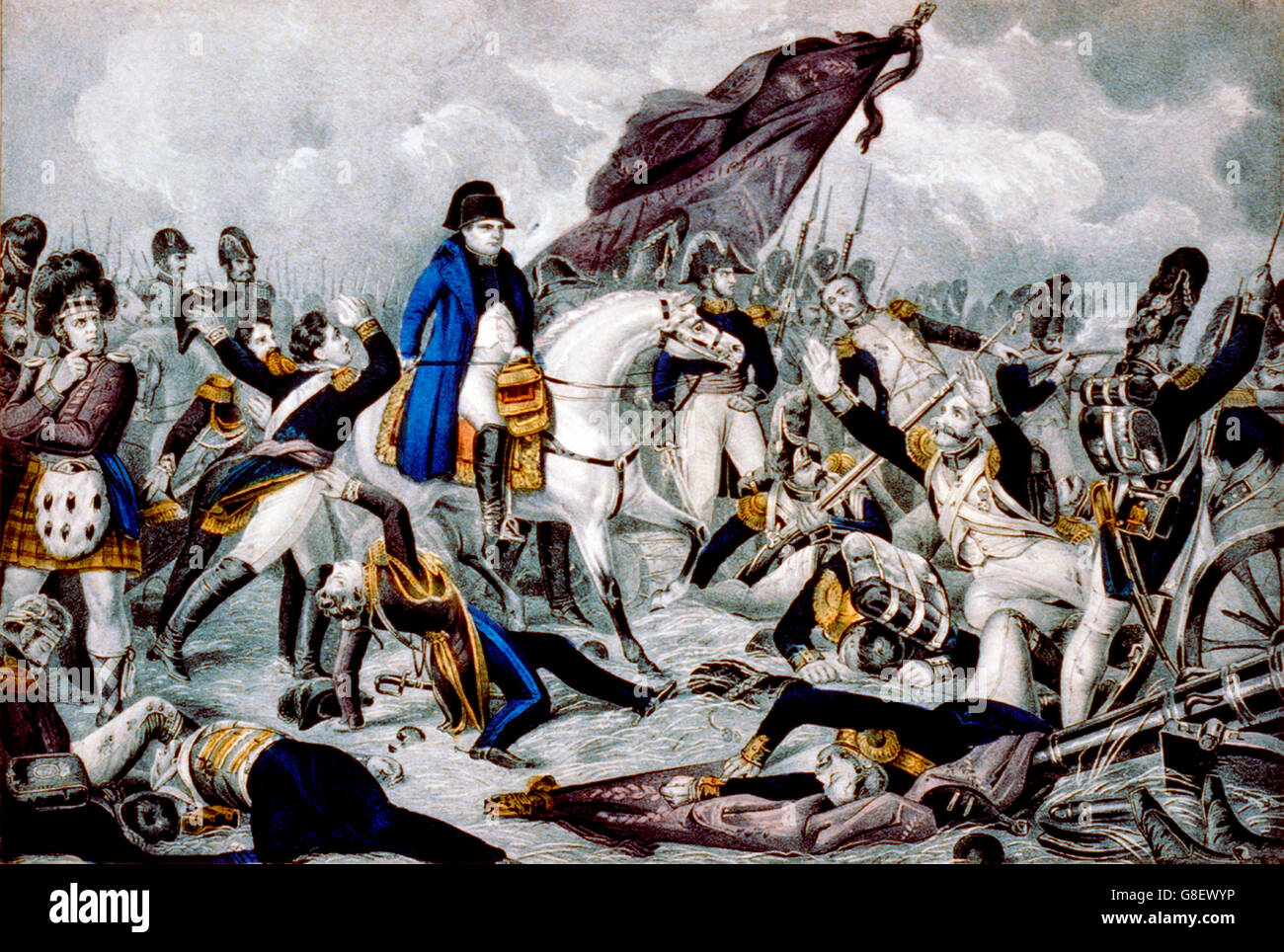 Napoleon in der Schlacht bei Waterloo, 18. Juni 1815 vom Pferderücken. Lithografie von N Currier, zwischen 1835 und 1856 Stockfoto