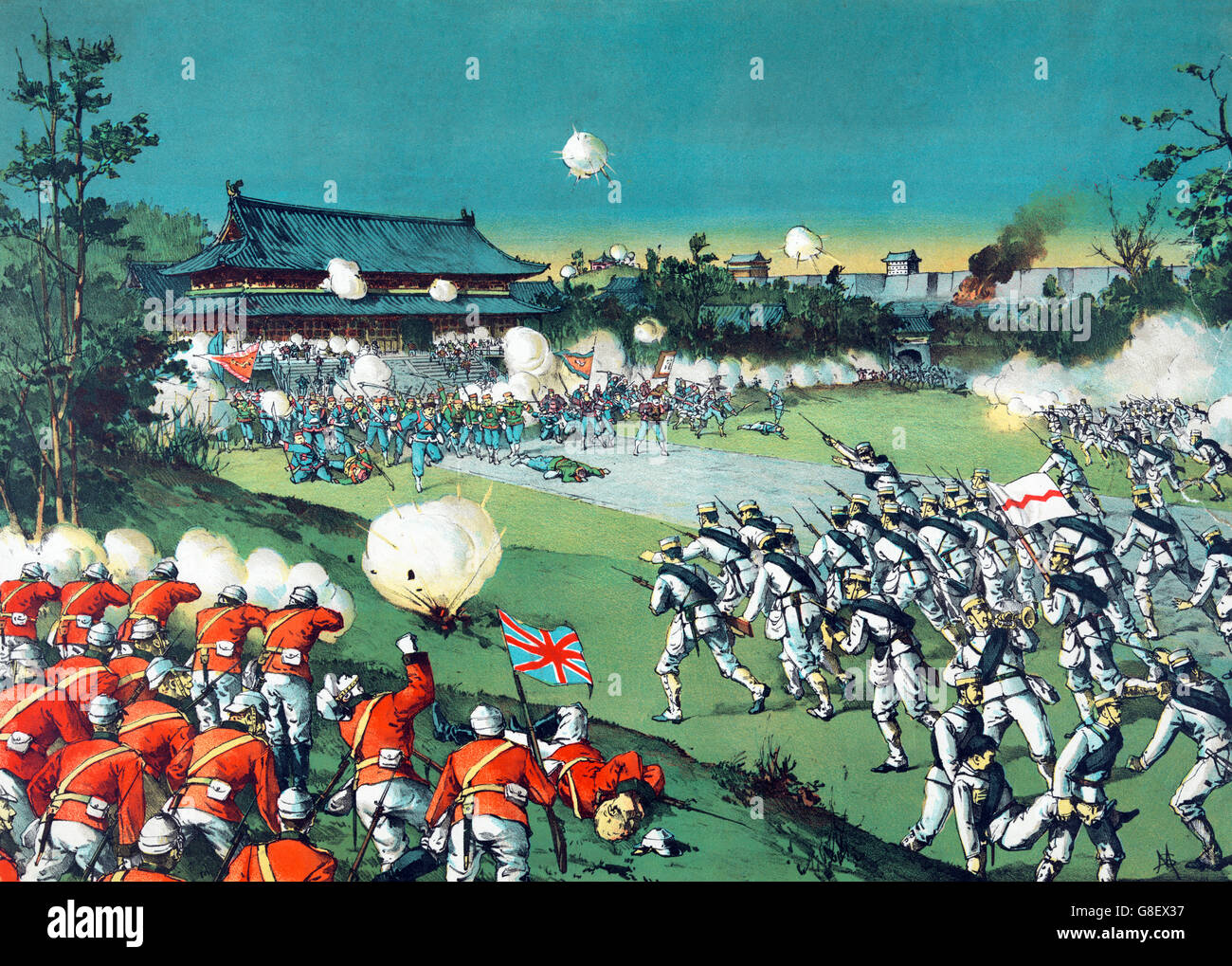 Boxeraufstand 1900. "Der Fall des Schlosses Pekin, der feindlichen Armee geschlagen von der kaiserlichen Burg entfernt von den alliierten Armeen", eine japanische Farblitho datiert 1900 durch Torajirō Kasai. Stockfoto