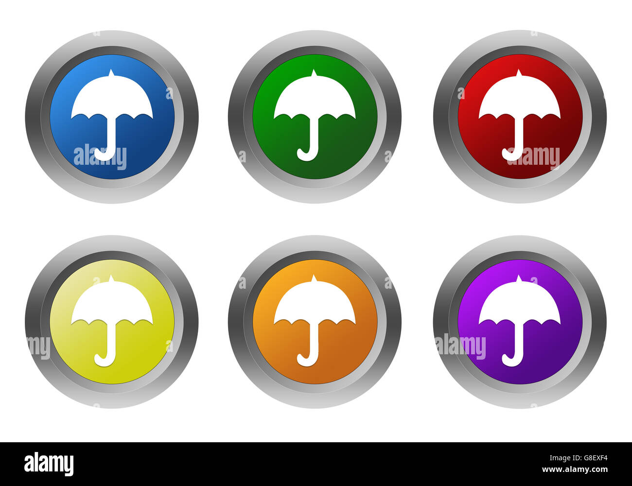 Reihe von bunten abgerundeten Tasten mit Regenschirm-Symbol in blau, grün, gelb, orange, lila und rote Farben Stockfoto
