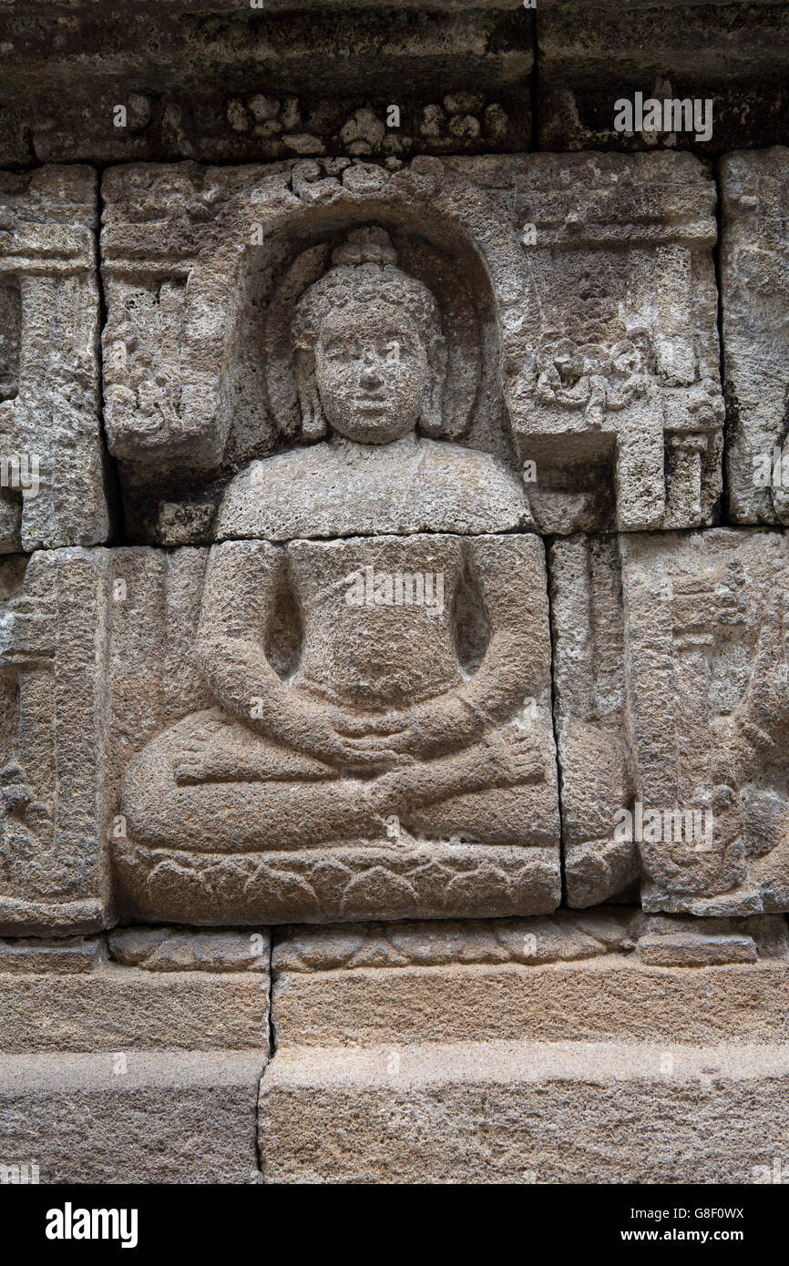 Schnitzereien an Weltkulturerbe Borobudur, ein 9. Jahrhundert Mahayana buddhistische Tempel in Magelang, Zentral-Java Stockfoto