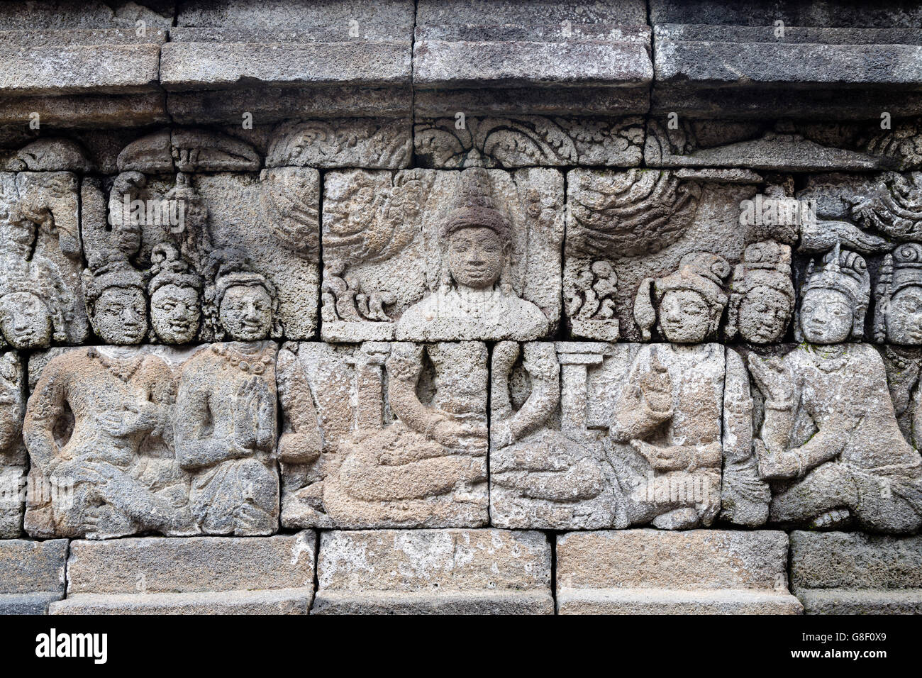 Schnitzereien an Weltkulturerbe Borobudur, ein 9. Jahrhundert Mahayana buddhistische Tempel in Magelang, Zentral-Java Stockfoto