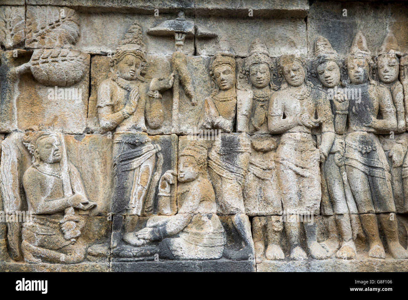 Schnitzereien an Weltkulturerbe Borobudur, ein 9. Jahrhundert Mahayana buddhistische Tempel in Magelang, Zentral-Java Stockfoto