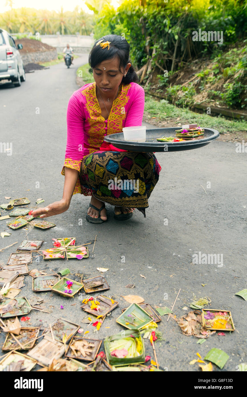 Balinesische Anhänger verlassen Canang Sari rituellen Opfergaben auf einer Straße nahe Ubud Stockfoto