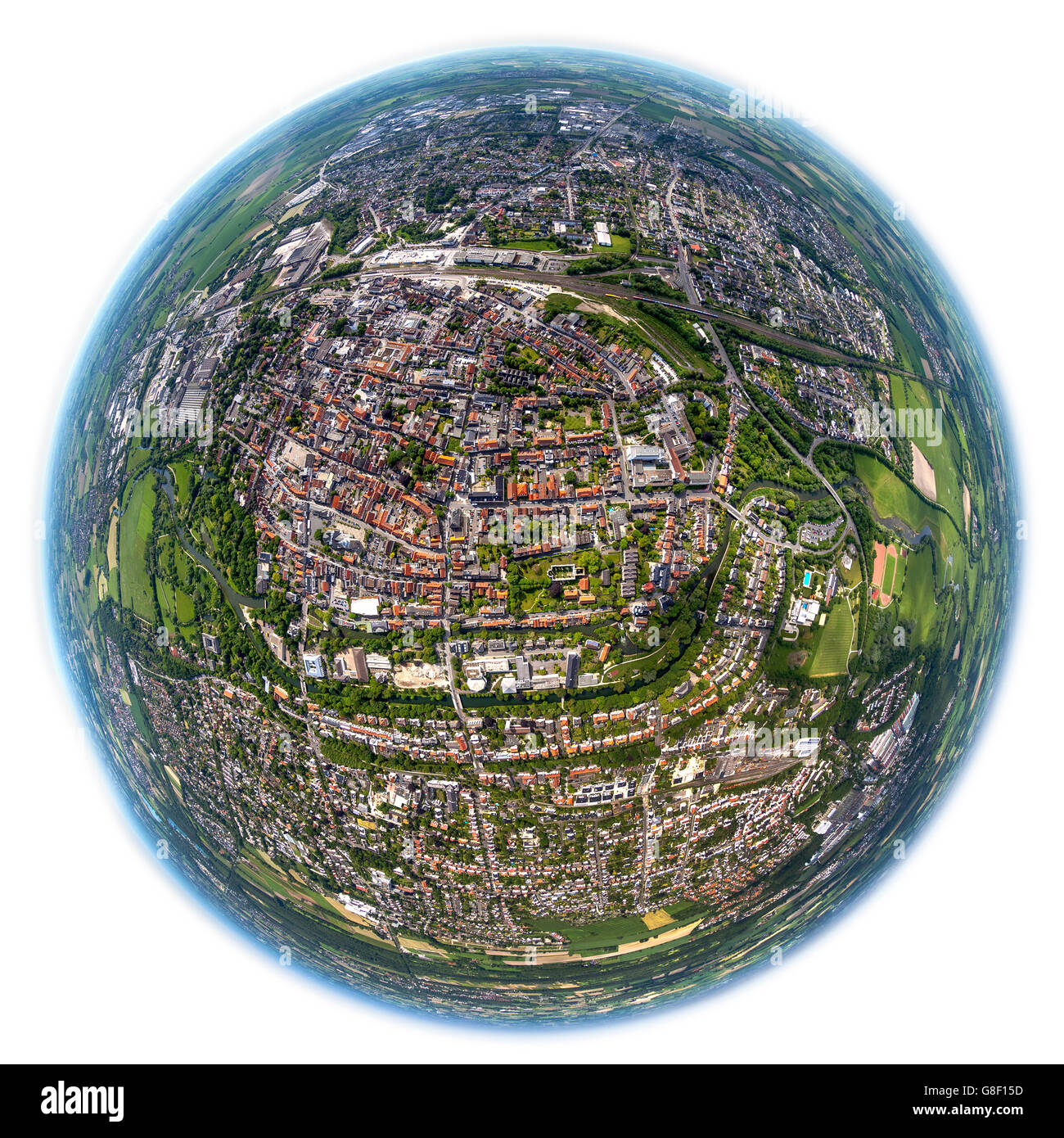 Luftaufnahme, um Überblick über das Zentrum von Lippstadt, Fisheye, fisheye Bild, Lippstadt, Ostwestfalen, Nord-Rhein-Westphal Stockfoto
