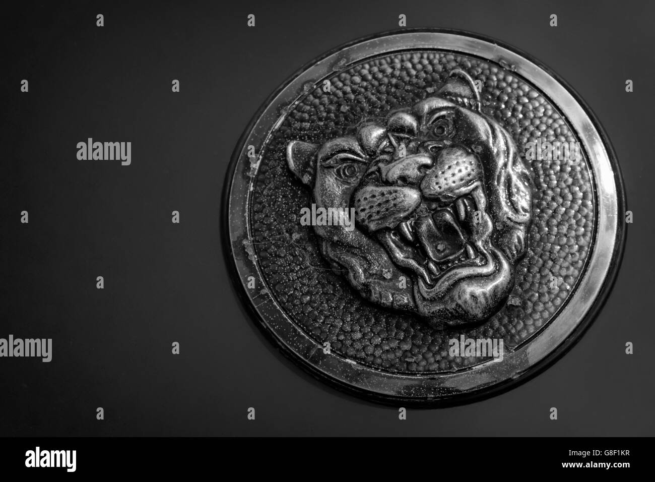 Jaguar-Emblem auf einem Oldtimer Stockfoto