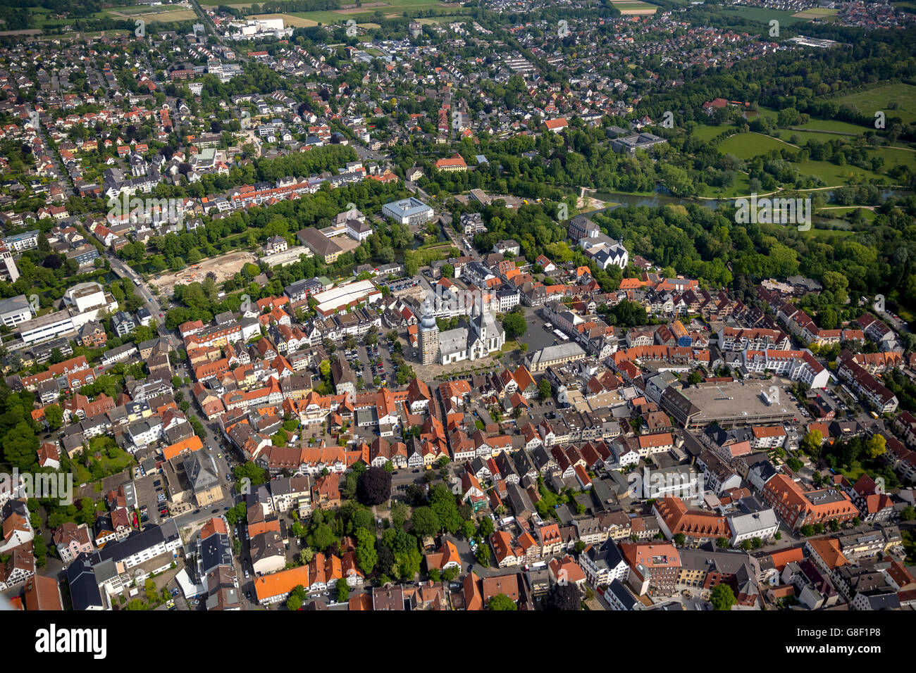 Luftaufnahme, Übersicht der Marienkirche Lippstadt, Lippstadt, Lippstadt, St. Mary Church auf Lippstädter Markt, Antenne, Stockfoto
