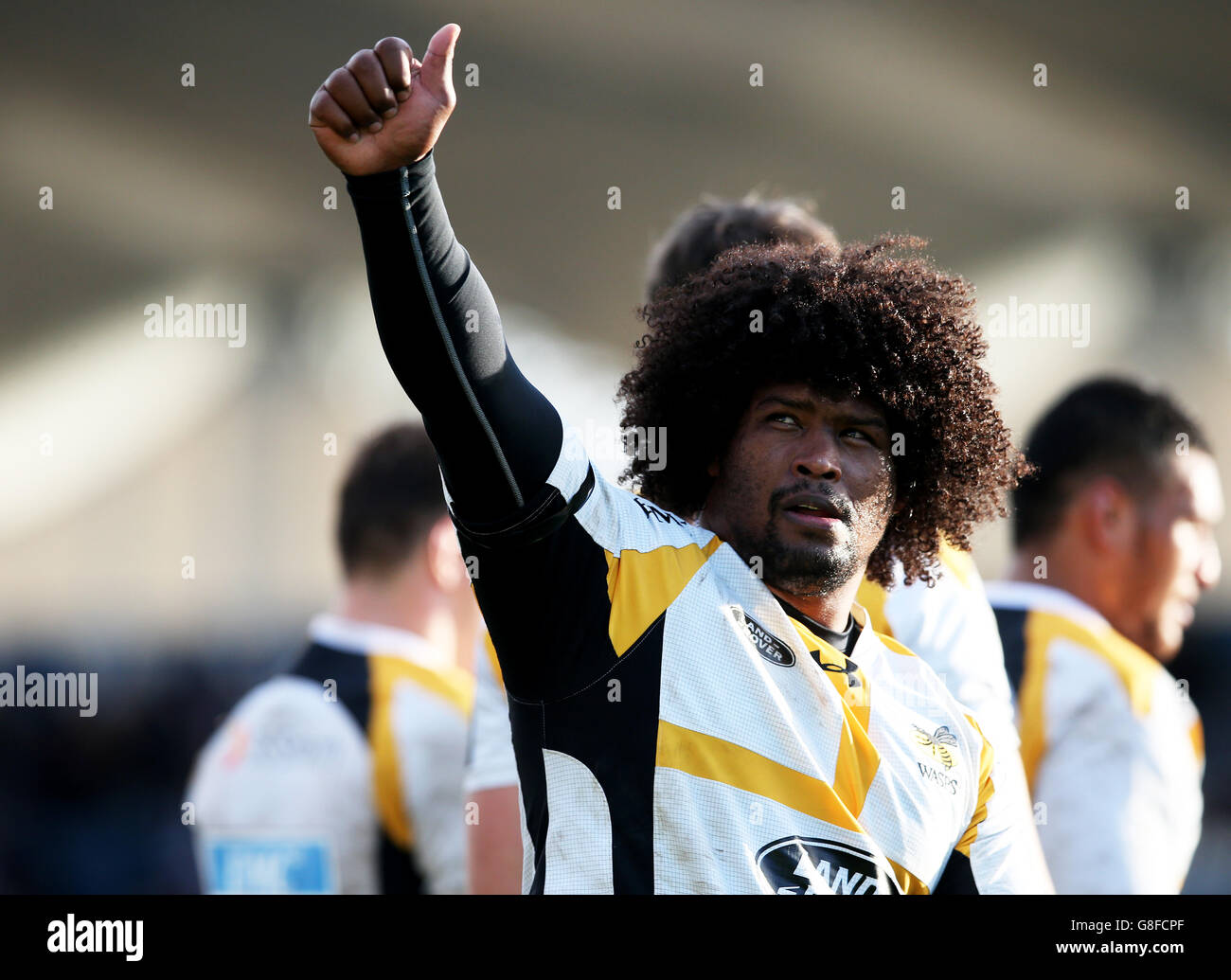 Wasps' Ashley Johnson feiert nach dem European Champions Cup-Spiel in der RDS Arena, Ballsbridge, Irland, das Spiel mit fünf Pools. Stockfoto