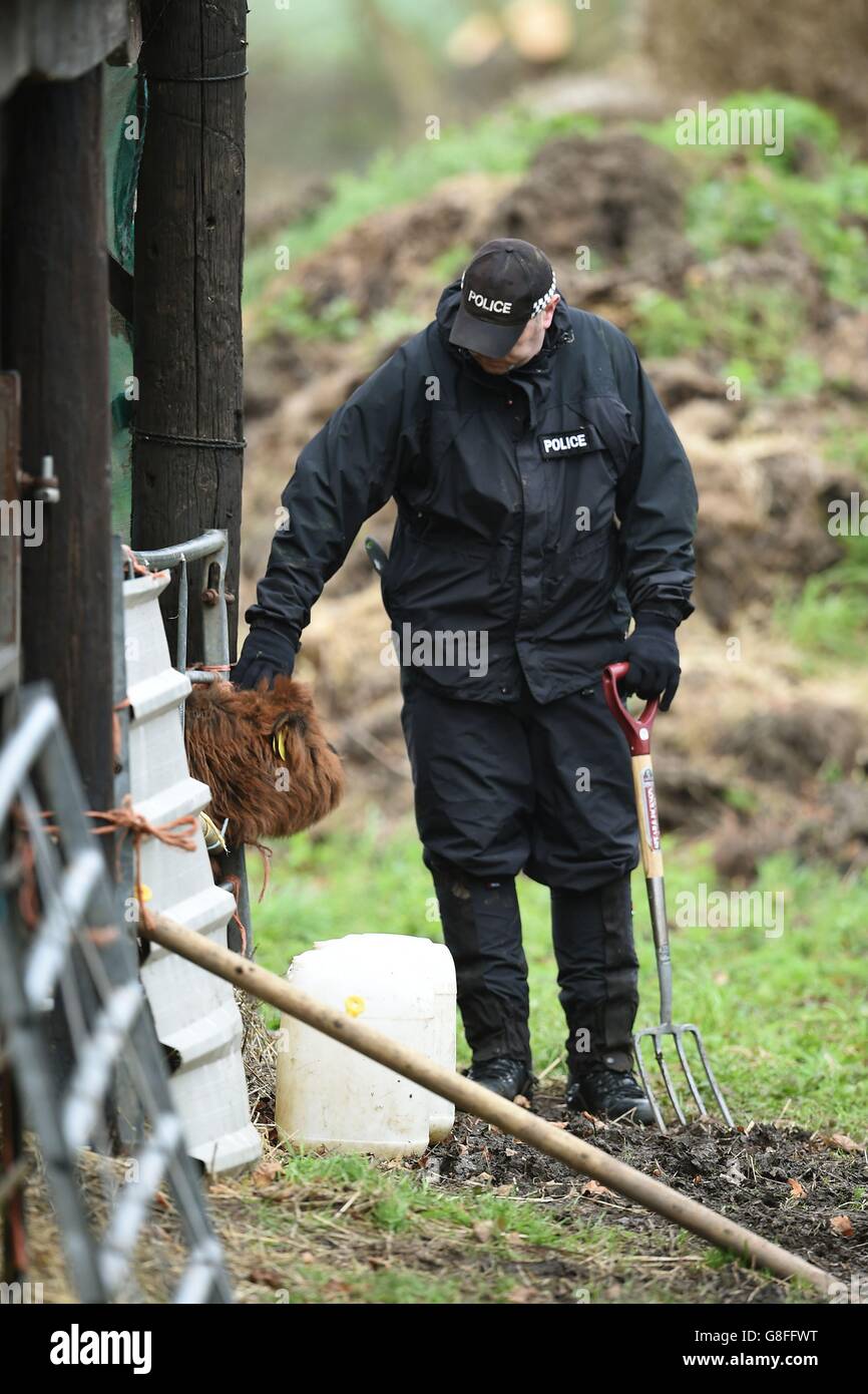 Die Polizei durchsucht einen Kuhstall in einem Feld vor der Ashby Road in Belton, Leicestershire, nach Kayleigh Haywood, die verschwand, nachdem sie am Ibstock Community College in der Nähe ihres Hauses in Measham, Leicestershire, abgesetzt wurde. Stockfoto