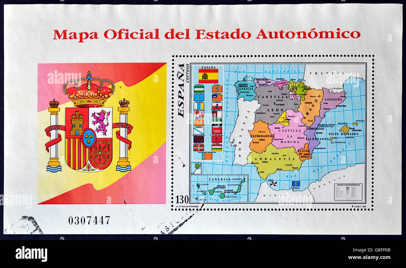 Spanien - CIRCA 1996: Eine Briefmarke gedruckt in Spanien zeigt die offizielle Karte von Spanien mit den autonomen Gemeinschaften, ca. 1996 Stockfoto