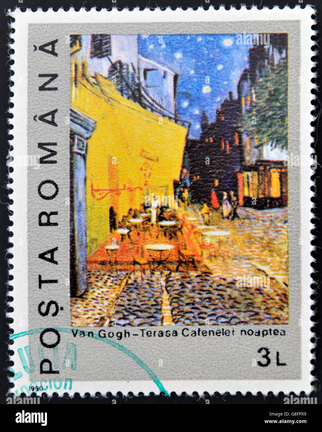 Rumänien - CIRCA 1990: Eine Briefmarke gedruckt in Rumänien zeigt Nacht auf der Terrasse Kaffee von Vincent Van Gogh, circa 1990 Stockfoto