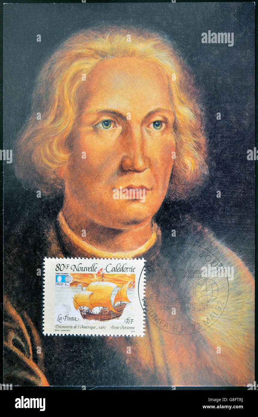 Frankreich - ca. 1992: Eine Briefmarke gedruckt in Neu-Kaledonien widmet sich der Entdeckung Amerikas, zeigt dem Schiff Pinta und der Portra Stockfoto
