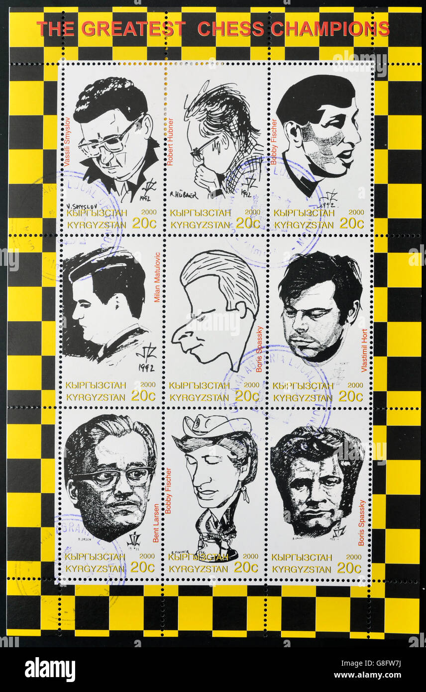 Kirgisistan - CIRCA 2000: Sammlung Briefmarken gedruckt in Kirgisistan widmet sich den größten Schach-Champions, circa 2000 Stockfoto