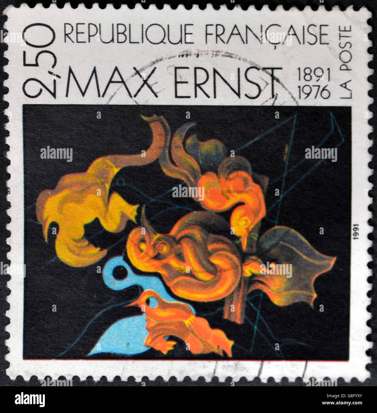 Frankreich - ca. 1991: Eine Briefmarke gedruckt in Frankreich zeigt die Arbeit "nach dem wir Mutterschaft" von Max Ernst, ca. 1991 Stockfoto