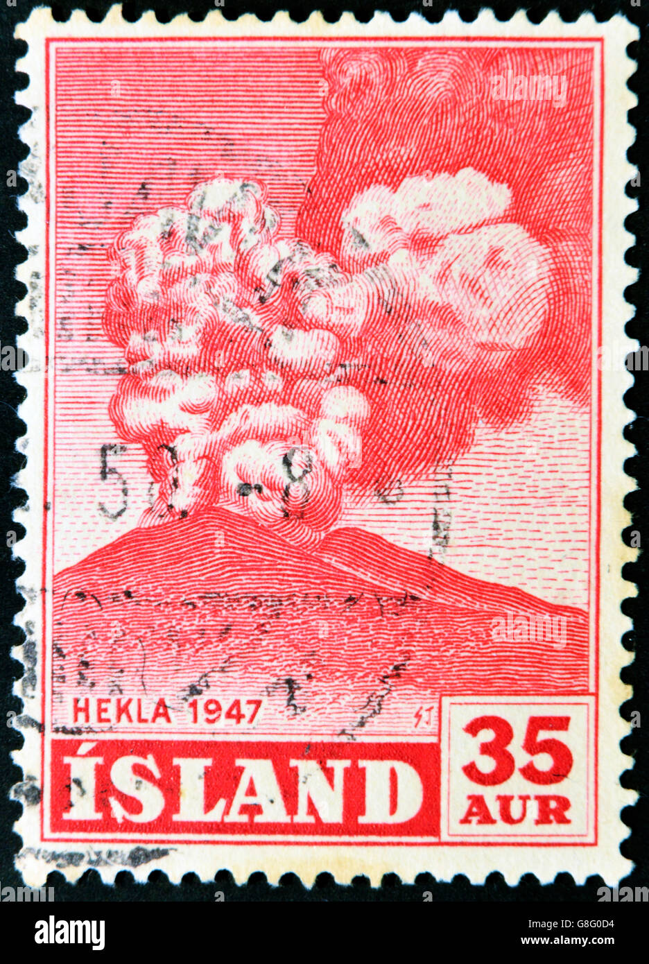 Island - ca. 1947: Eine Briefmarke gedruckt in Island zeigt Hekla, ca. 1947 Stockfoto