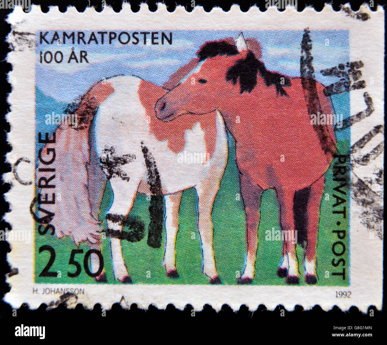 Schweden - ca. 1992: Eine Briefmarke gedruckt in Schweden zeigt Kinder Zeichnungen Pferde, ca. 1992 Stockfoto