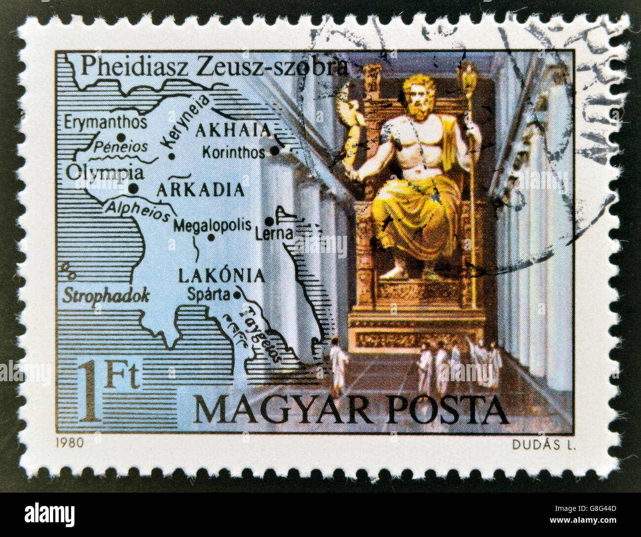 Ungarn - CIRCA 1980: Eine Briefmarke gedruckt in Ungarn zeigt Skulptur des Zeus und der Karte von Griechenland, ca. 1980 Stockfoto