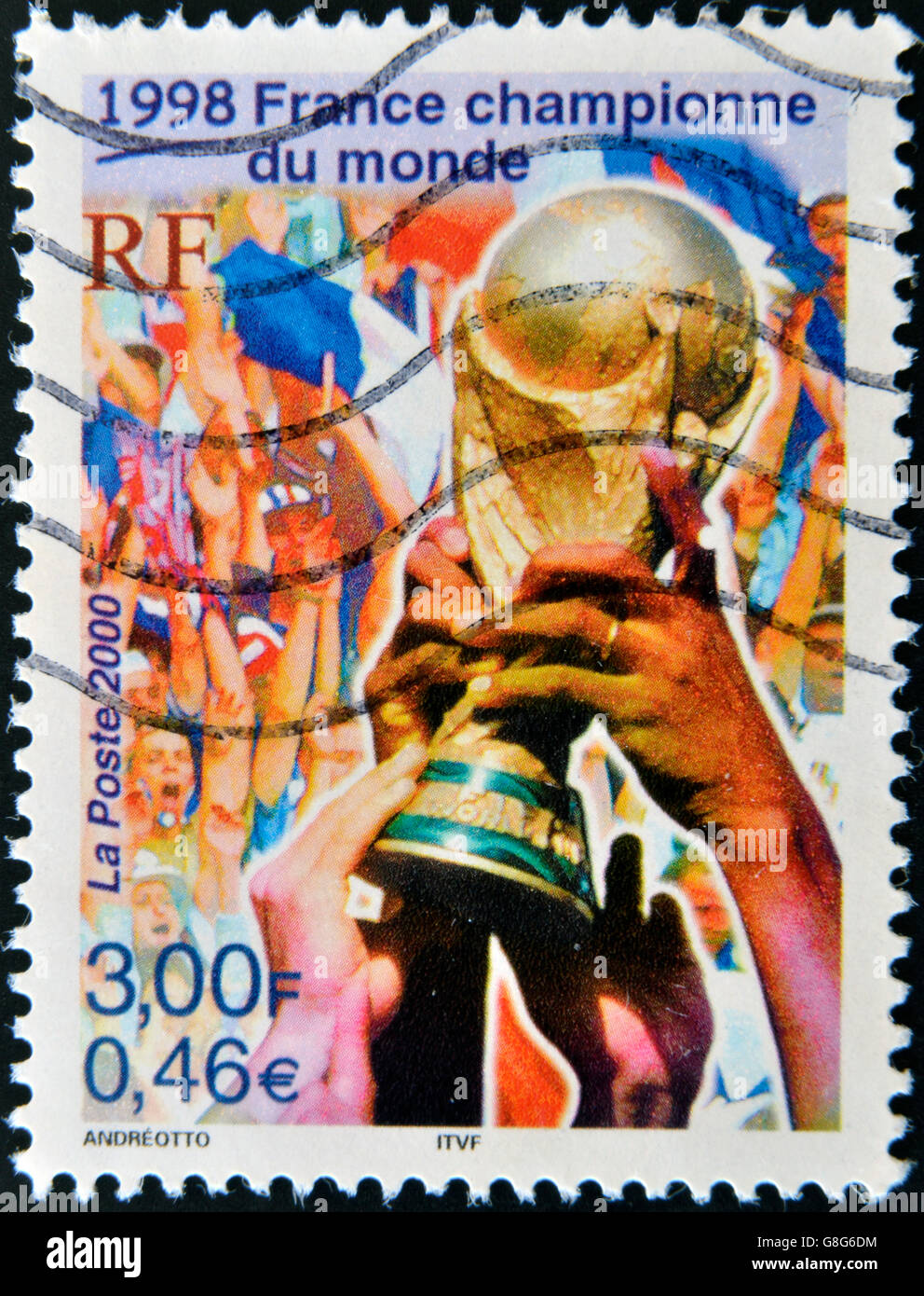 Frankreich - CIRCA 2000: Eine Briefmarke gedruckt in Frankreich gewidmet WM 1998 in Frankreich, ca. 2000 Stockfoto