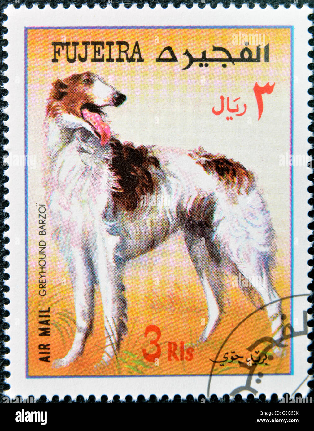 FUJEIRA - CIRCA 1980: Eine Briefmarke gedruckt in Fujeira Hunde, gewidmet zeigt Windhund Barzoi, ca. 1980 Stockfoto