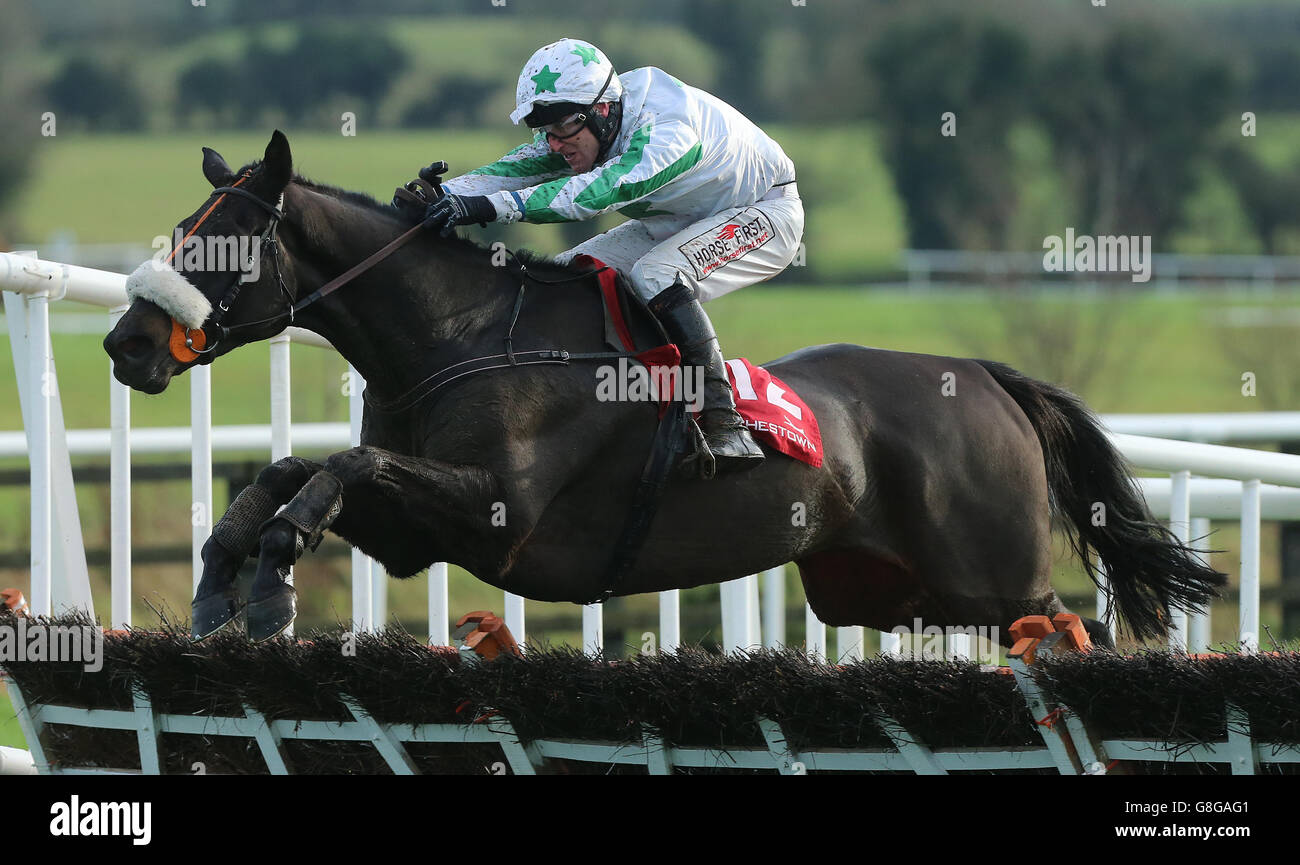 Oscar Sam mit Robbie Power springt als Letzter und gewinnt die Handicap-Hürde auf Facebook und Twitter während des John Durkan Memorial Chase Day auf der Punchestown Racecourse, Co. Kildare, Irland. Stockfoto