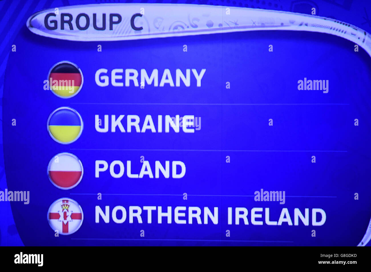 Deutschland, die Ukraine, Polen und Nordirland werden während der UEFA Euro 2016 in Paris in der Gruppe C gezogen. Stockfoto