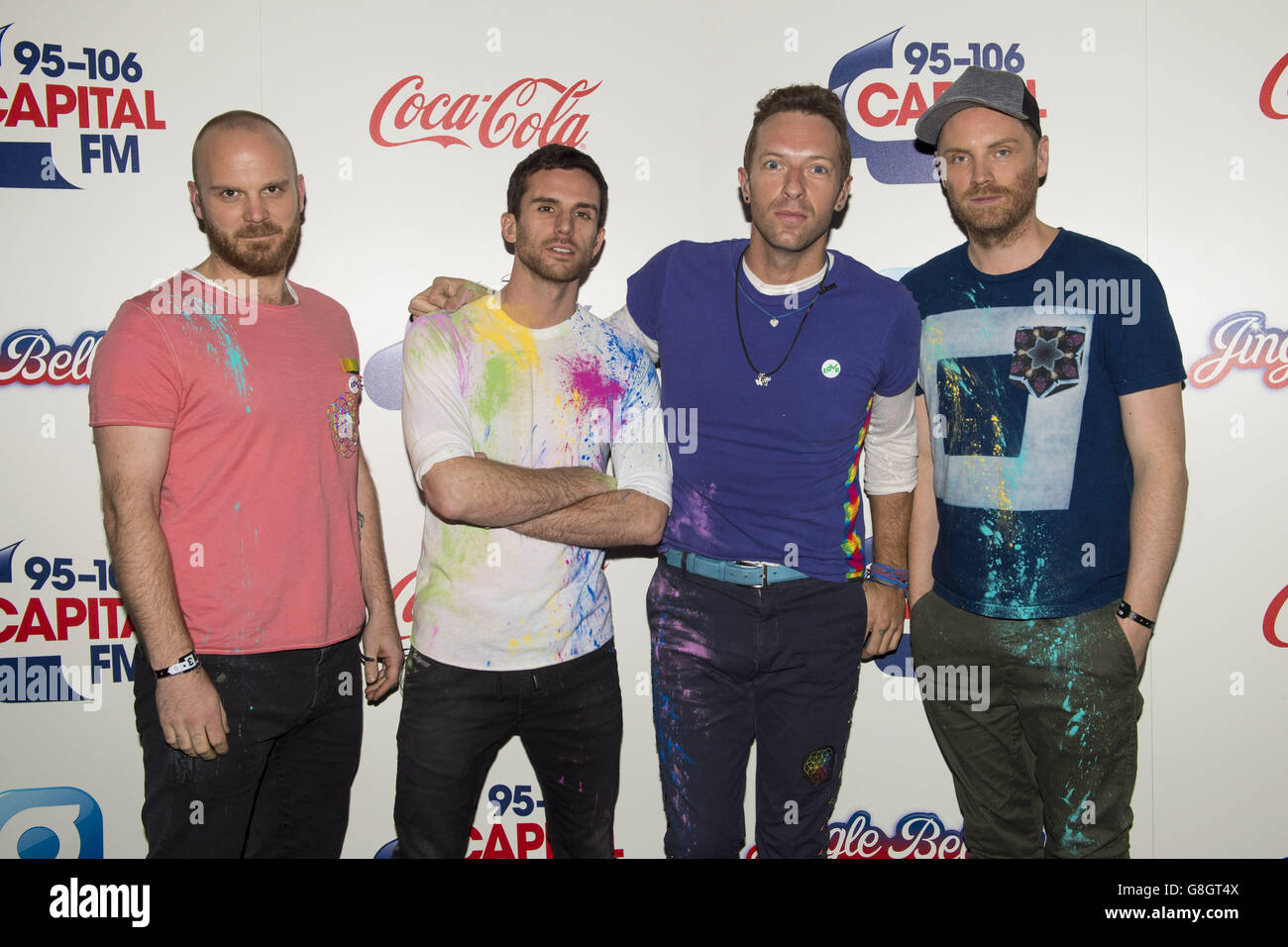 Will Champion, Guy Berryman, Chris Martin und Jonny Buckland von Coldplay nehmen am Capital FM Jingle Bell Ball 2015 in der O2 Arena in London Teil. Stockfoto