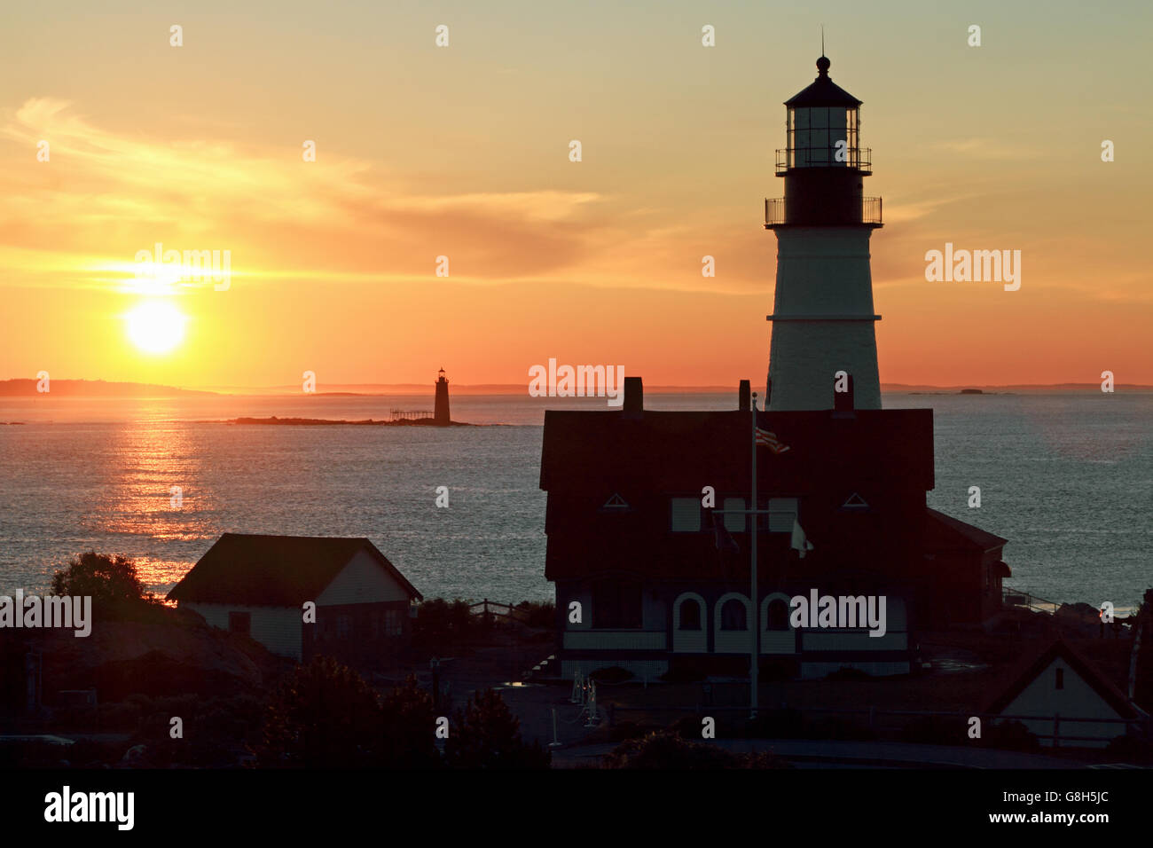 Portland Head Light bei Sonnenaufgang, Cape Elizabeth, Maine, USA Stockfoto