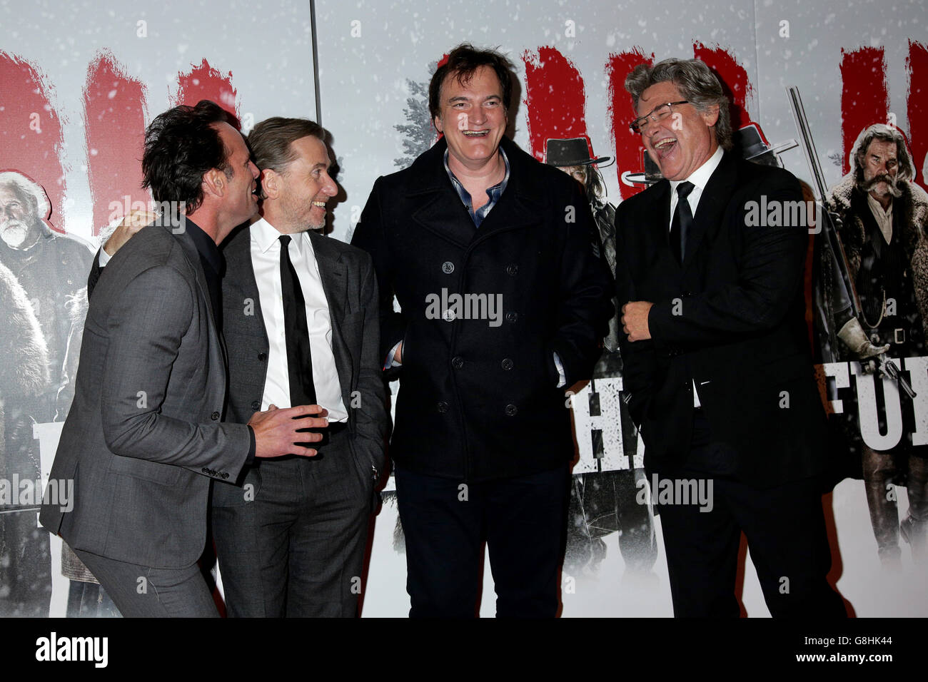 Walton Goggins, Tim Roth, Quentin Tarantino und Kurt Russell bei der Premiere von The Hateful Eight am Odeon Leicester Square in London. DRÜCKEN Sie VERBANDSFOTO. Bilddatum: Donnerstag, 10. Dezember 2015. Siehe PA Geschichte SHOWBIZ Tarantino. Bildnachweis sollte lauten: Yui Mok/PA Wire Stockfoto