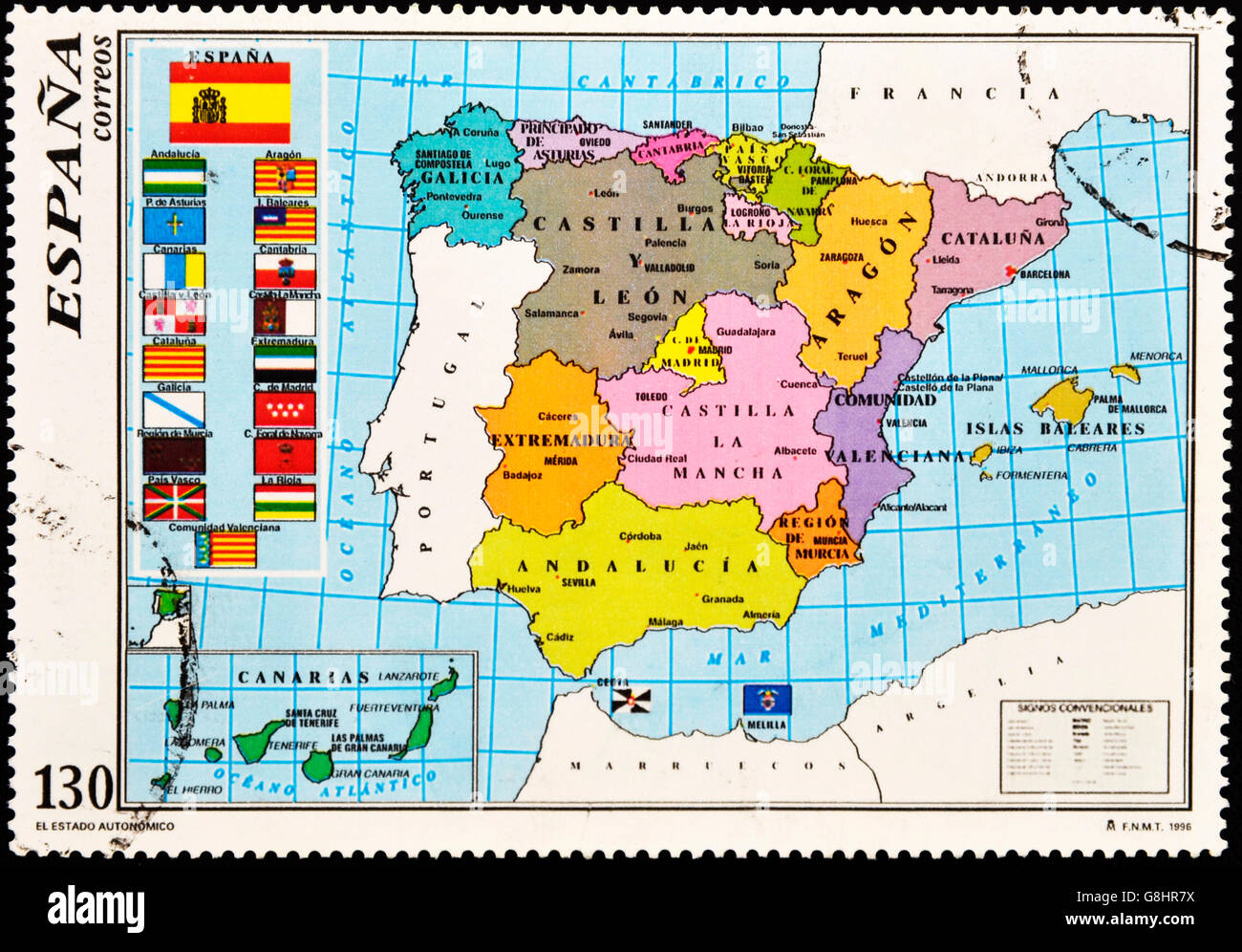 Spanien - CIRCA 1996: Eine Briefmarke gedruckt in Spanien zeigt die Landkarte von Spanien mit den autonomen Gemeinschaften, ca. 1996 Stockfoto
