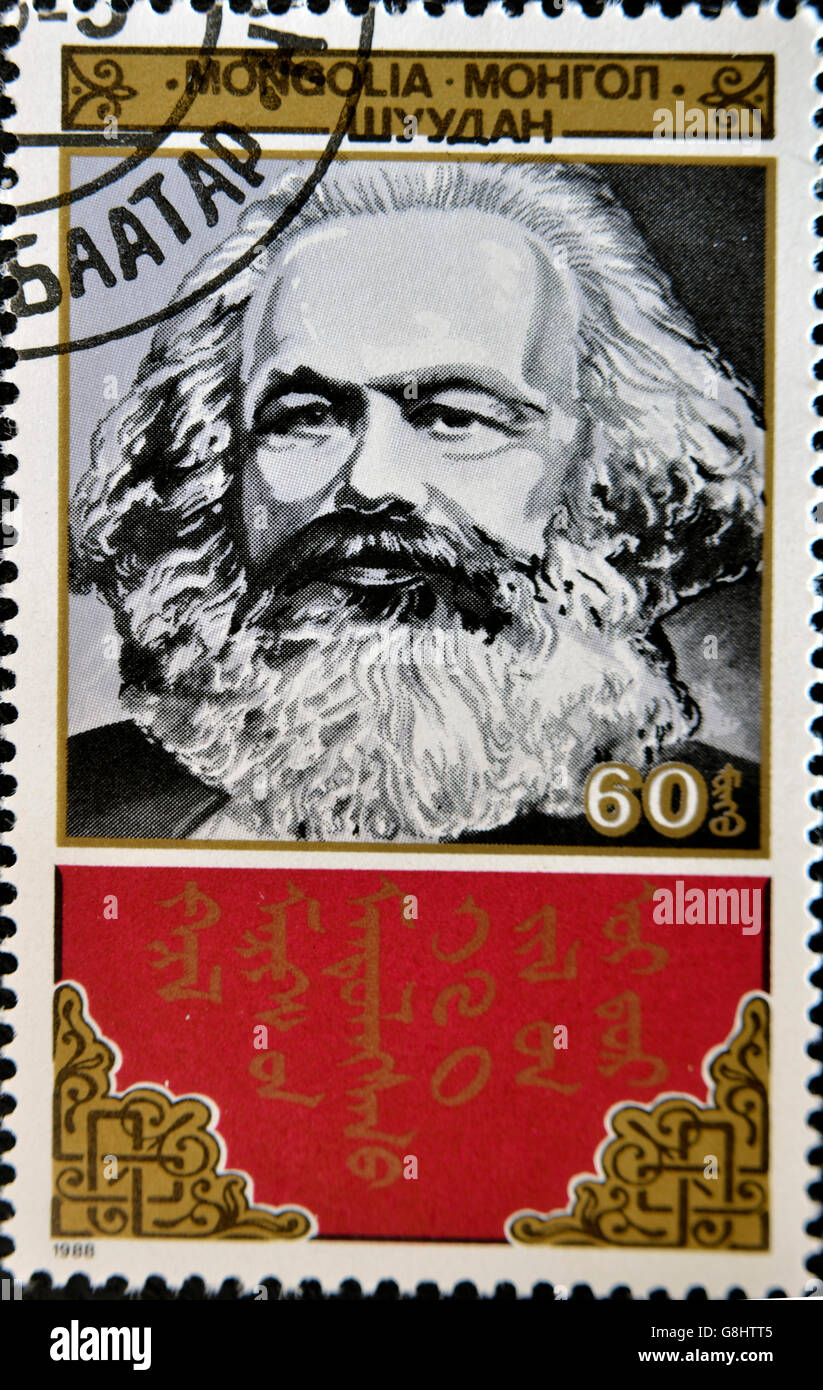Mongolei - ca. 1988: Eine Briefmarke gedruckt in Mongolei zeigt Karl Marx, ca. 1988 Stockfoto