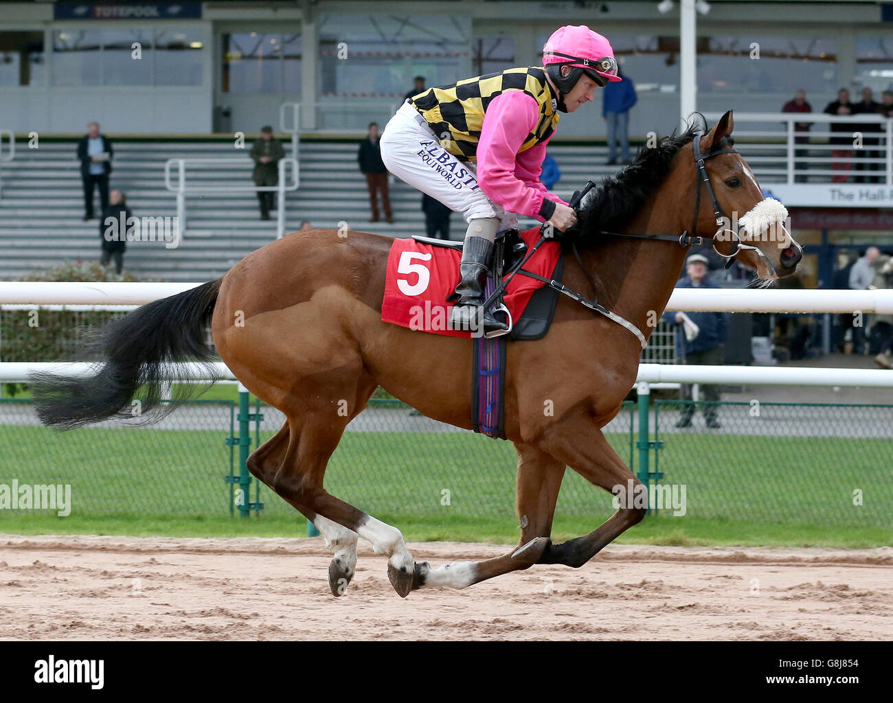 Southwell Races. Rosette von Joe Fanning geht auf den Posten Stockfoto