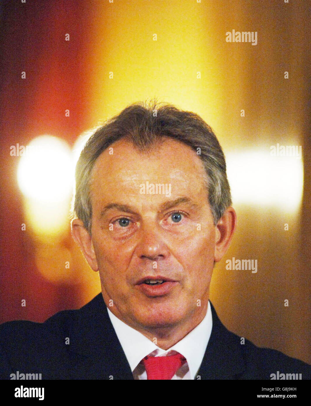 Premierminister Tony Blair veranstaltet seine letzte Pressekonferenz vor seiner Sommerpause im State Dining Room seiner offiziellen Residenz 10 Downing Street. Stockfoto