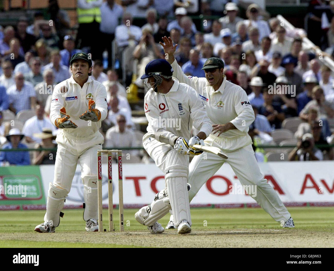 Englands Marcus Trescodick geht an den australischen Wicketkeeper Adam Gilchrist (L), als Shane Warne sein 600. Wicket behauptet. Stockfoto