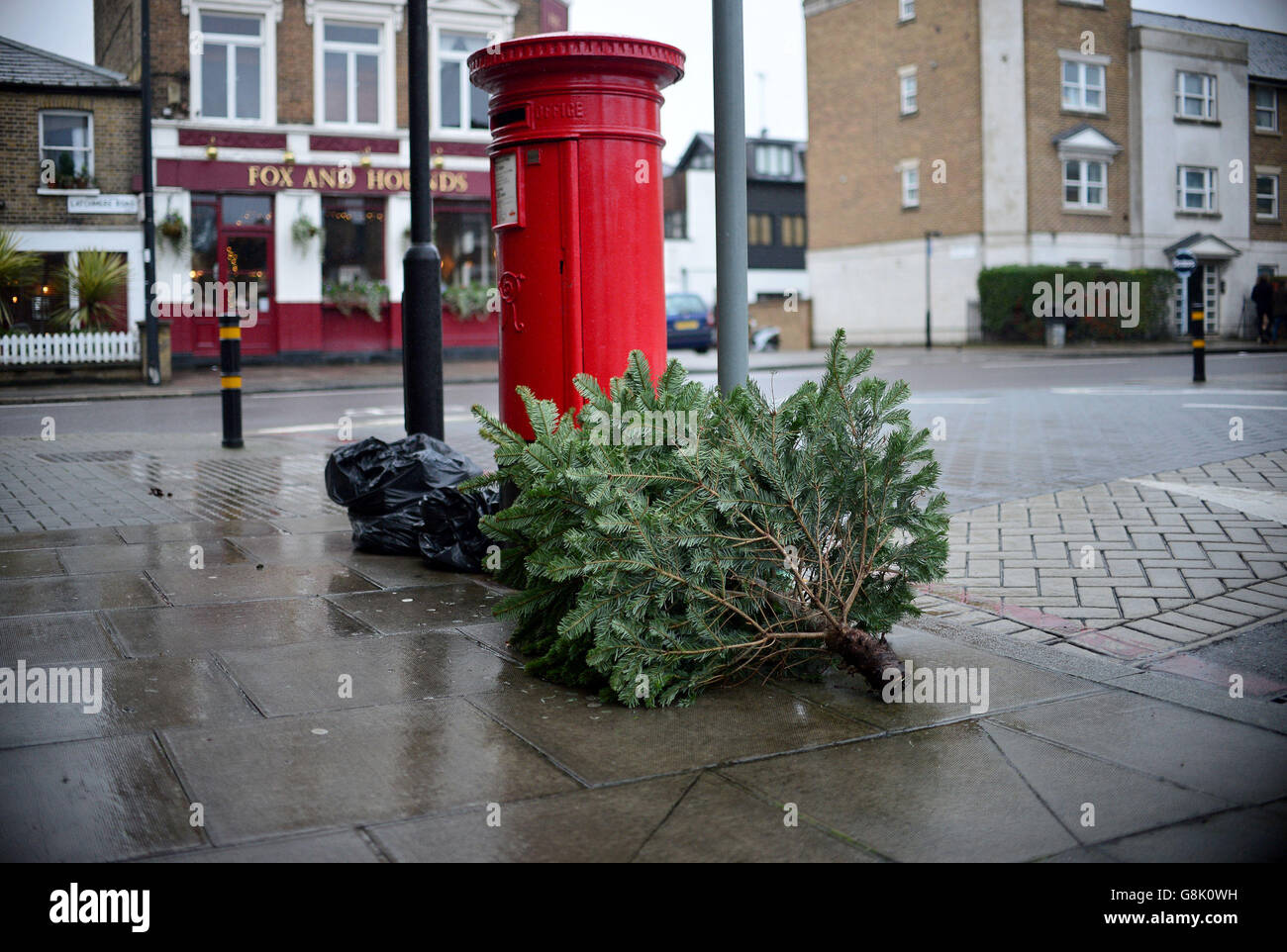 Auf den Straßen von Battersea, London, ist ein weggeworfener Weihnachtsbaum zu sehen. Stockfoto