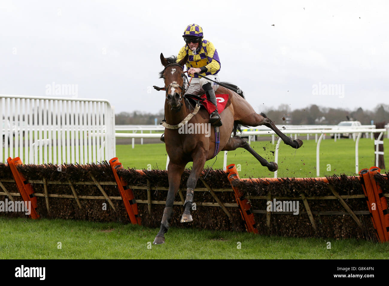 Kempton Park Races - William Hill Lanzarote Day. Satin und Spitze von Marc Goldstein springen während des William Hill den Zaun - im App Store Jugendhürde Stockfoto