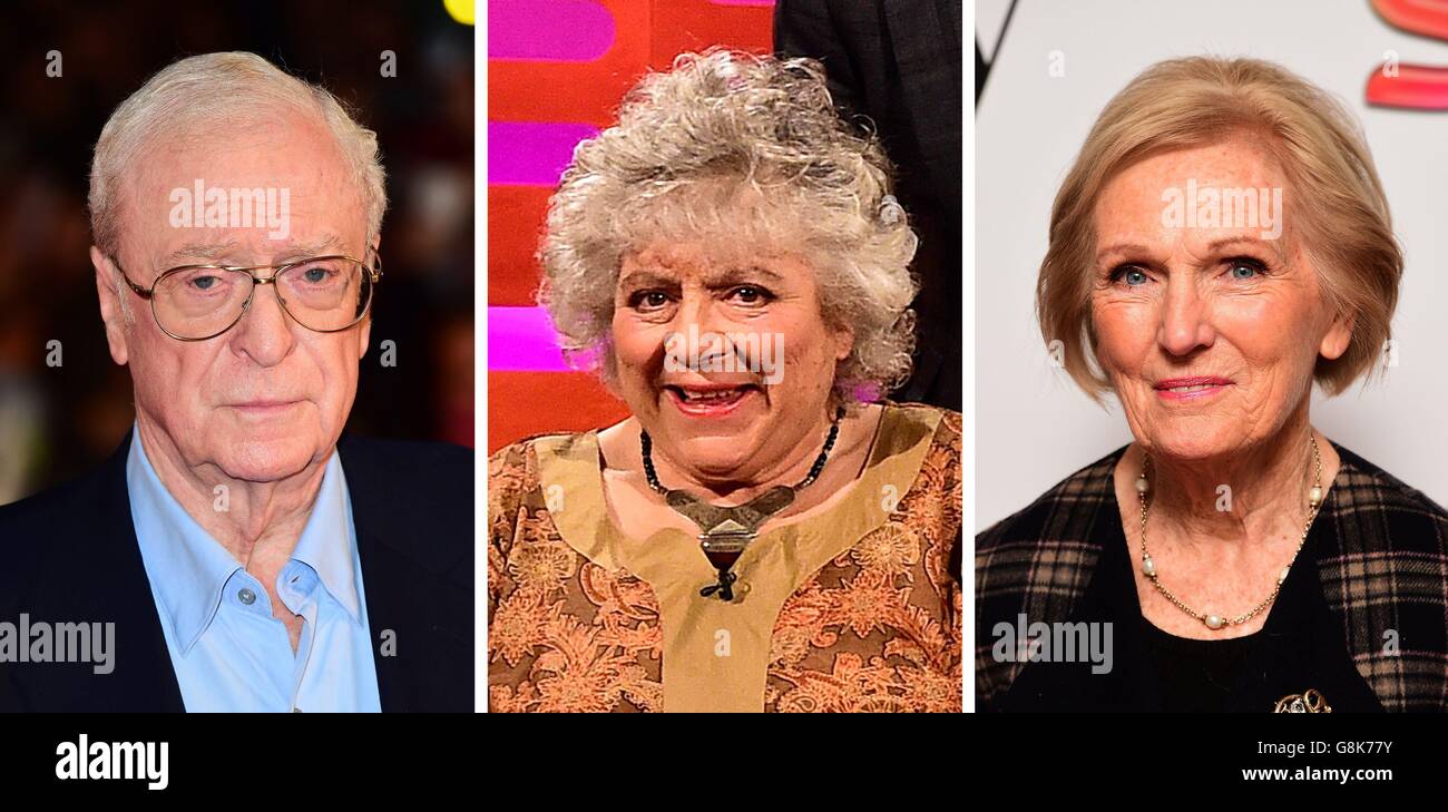 Fotos von (von links) Sir Michael Caine, Miriam Margolyes und Mary Berry. Stockfoto