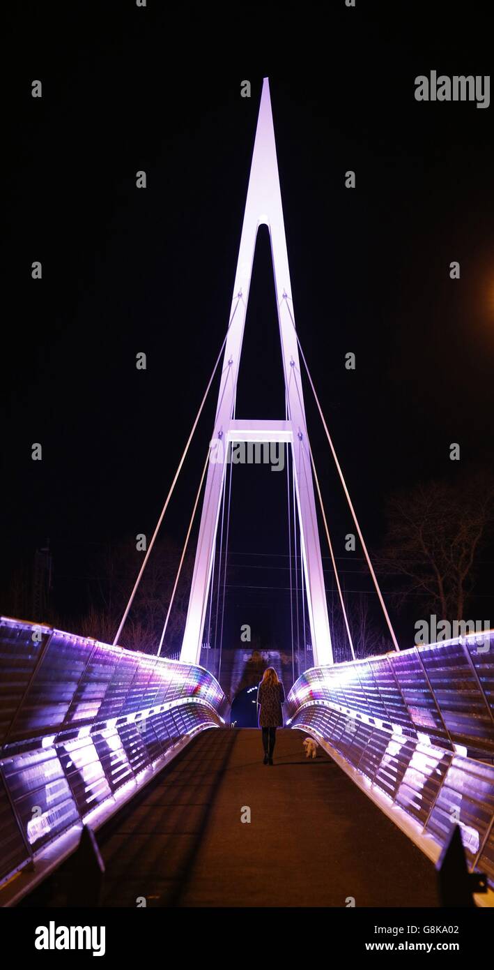 Eine Dame geht mit ihrem Hund über die neu errichtete Fußgängerbrücke über die M62 in Liverpool. Stockfoto