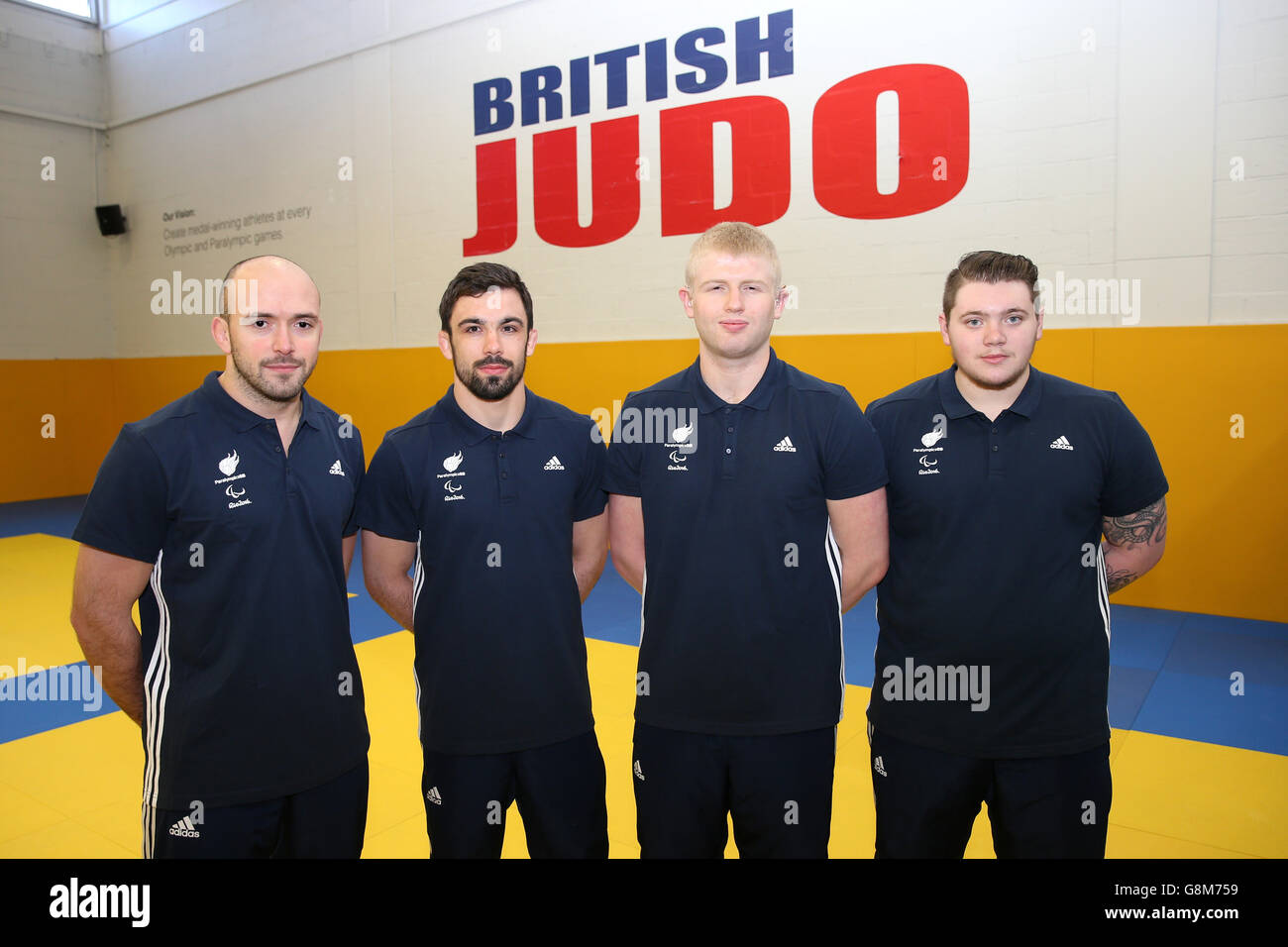 (Von links - rechts) Sam Ingram, Jonathan Drane, Chris Skelley und Jack Hodgson während der Ankündigung der Judo-Mannschaft der Paralympics 2016 in Rio an der University of Wolverhampton, Walsall. DRÜCKEN SIE VERBANDSFOTO. Bilddatum: Donnerstag, 11. Februar 2016. Siehe PA Story: PARALYMPICS Judo. Bildnachweis sollte lauten: David Davies/PA Wire. EINSCHRÄNKUNGEN: Nur für redaktionelle Zwecke, keine kommerzielle Nutzung ohne vorherige Genehmigung, bitte kontaktieren Sie PA Images für weitere Informationen: Tel: +44 (0) 115 8447447. Stockfoto