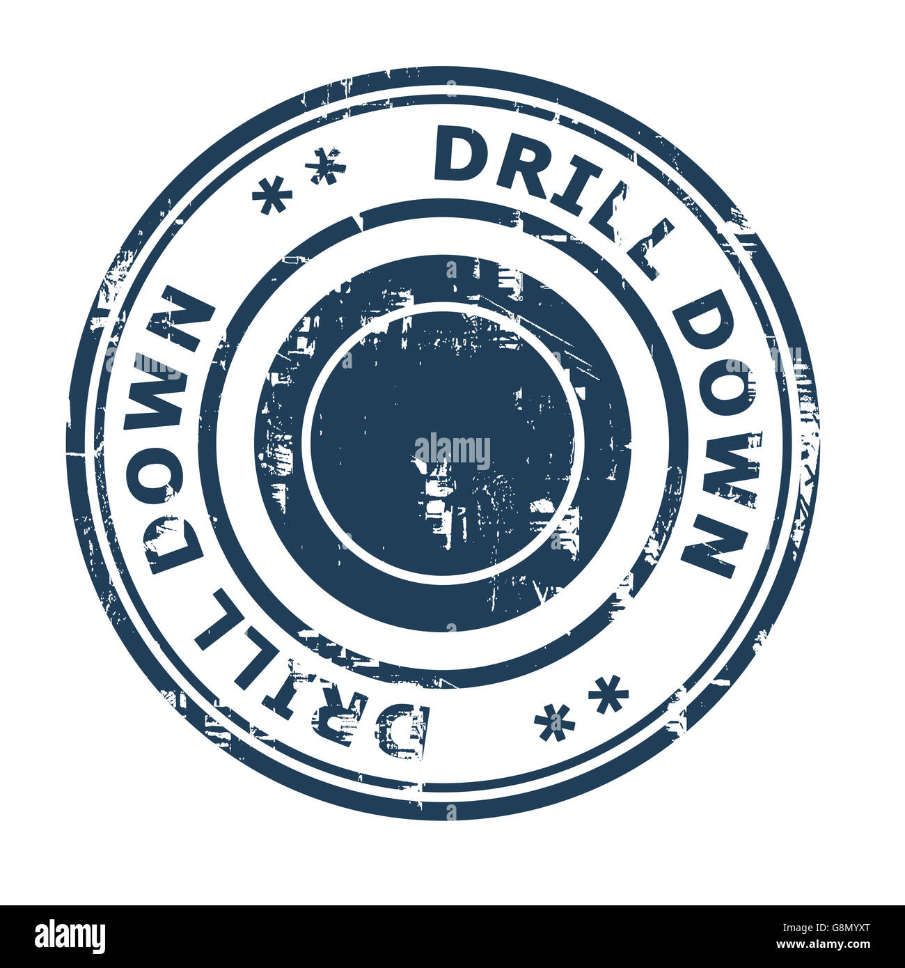 Drill-Down Business Konzept Stempel isoliert auf einem weißen Hintergrund. Stockfoto