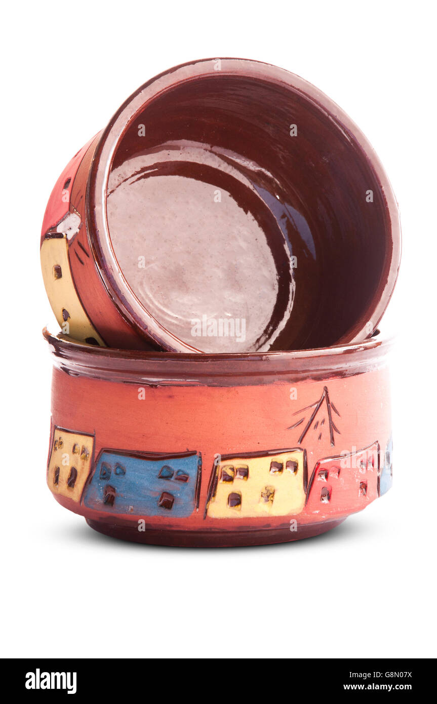 Dekorierte Ton Töpfe isolierten auf weißen Hintergrund Stockfoto