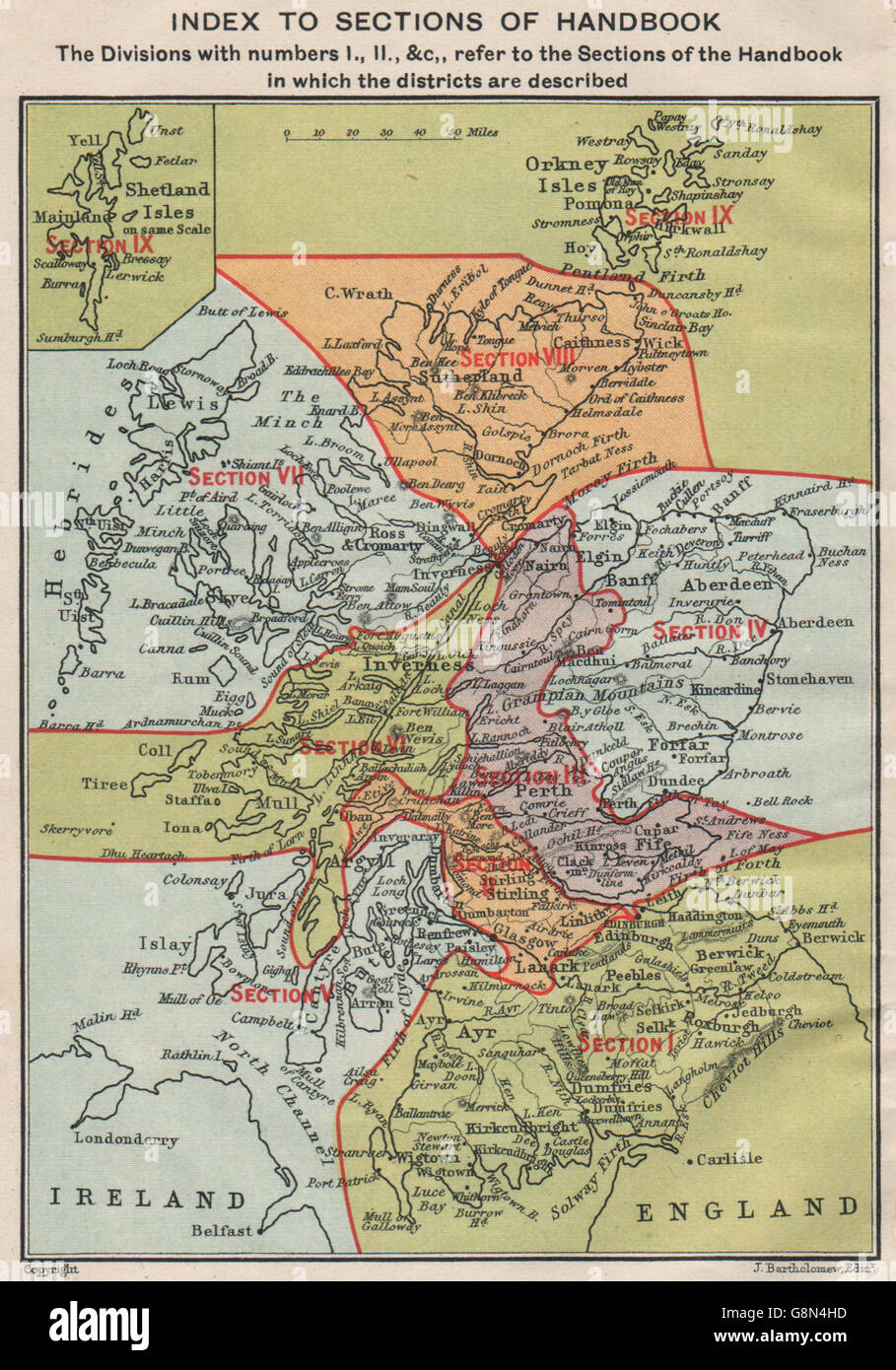 SCHOTTLAND. Index-Karte Murray Guide Bücher Abschnitte. BARTHOLOMÄUS, 1905 Stockfoto
