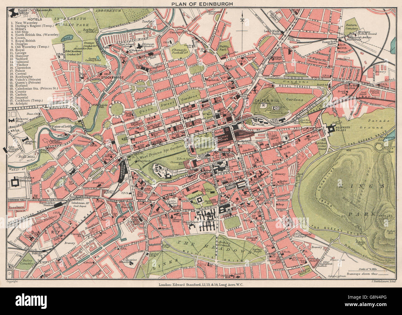 EDINBURGH. Vintage Stadt Stadtplan. Schottland. STANFORD, 1905 Antike Landkarte Stockfoto