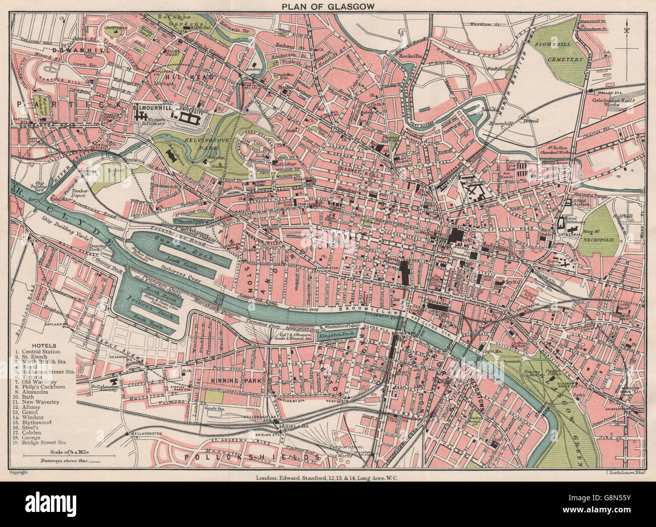 GLASGOW. Vintage Stadt Stadtplan. Schottland. STANFORD, 1905 Antike Landkarte Stockfoto